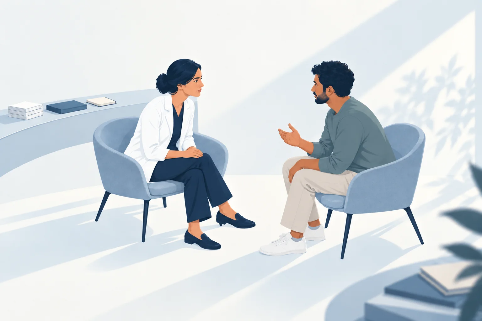 Illustration of a clinician listening to a person, with their hands resting on their lap and paperwork set aside on a curved surface.