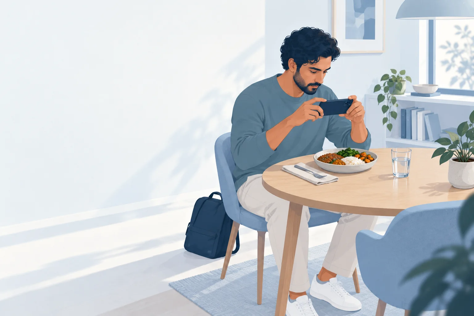 Editorial illustration of a man holding a phone above his lunch at home.