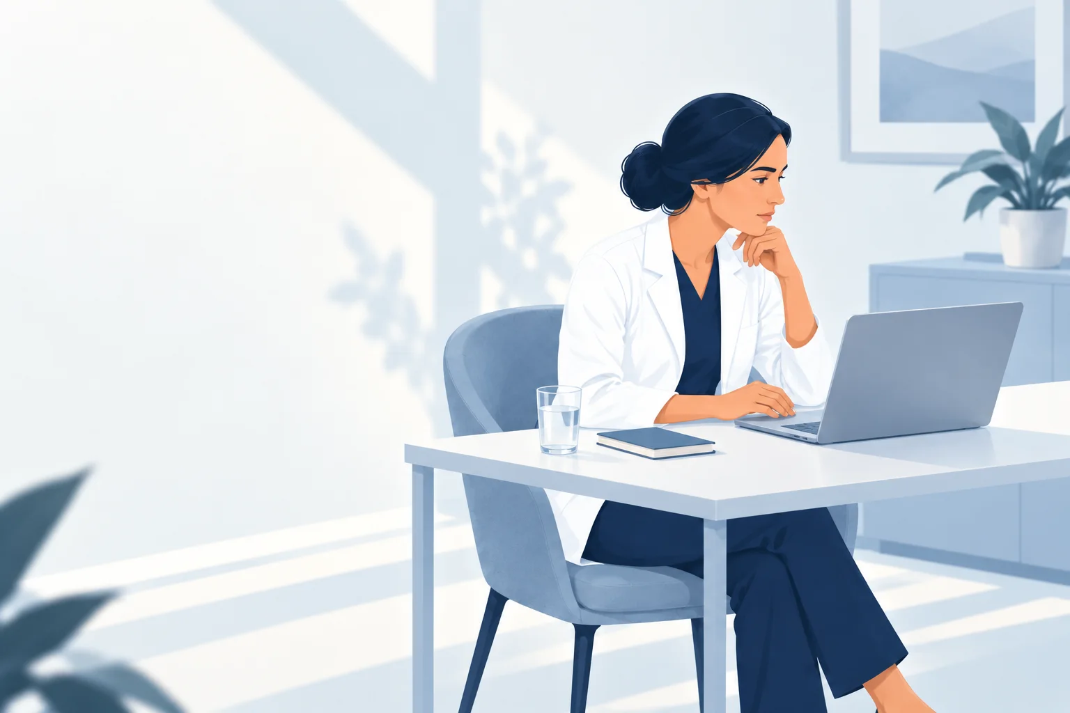 Editorial illustration of a clinician reviewing a laptop before a consultation.